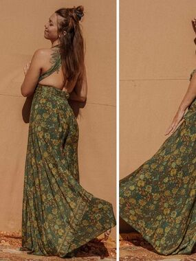 Gardenbelle Shop jumpsuit NEW SILK blend green floral bohemian 79s XS Coachella